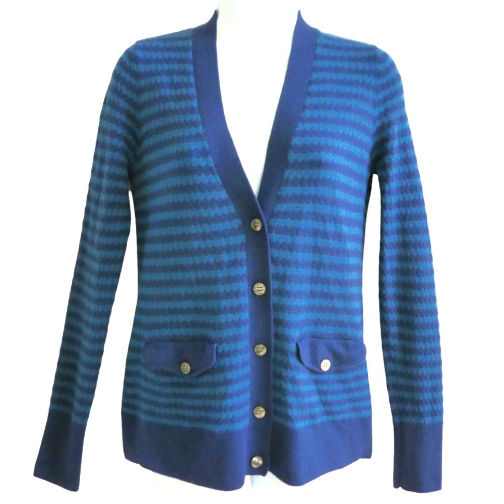 Halogen Merino Wool Striped Cardigan V Neck Decorative Button Flaps  L